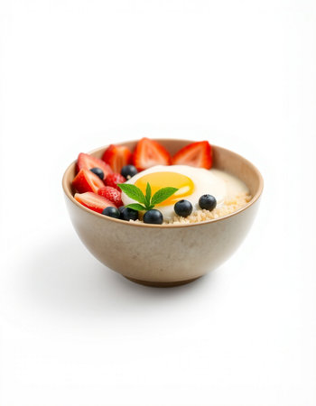 Bowl of oatmeal with strawberries and blueberries isolated on white background