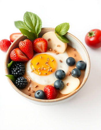 Bowl of oatmeal porridge with fresh berries and an egg