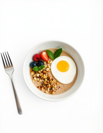 Breakfast with omelet, berries and nuts on a white backgroundの写真素材