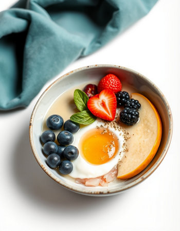 Oatmeal porridge with berries and egg in a bowl on a white background