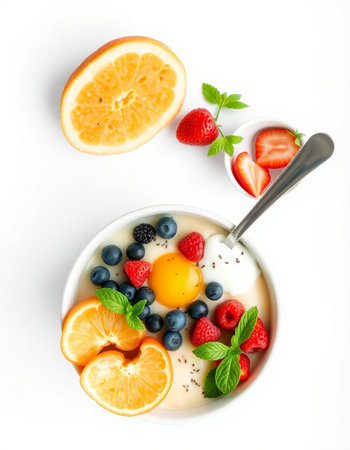 Yogurt with fresh fruits and berries on white background, top viewの写真素材