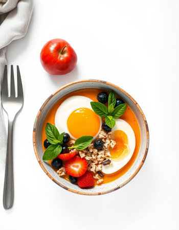 Healthy breakfast bowl with oatmeal, strawberry, blueberry and egg on white background