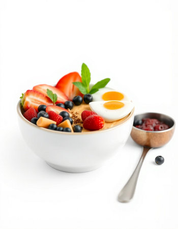 bowl of oatmeal with fresh berries and eggの写真素材