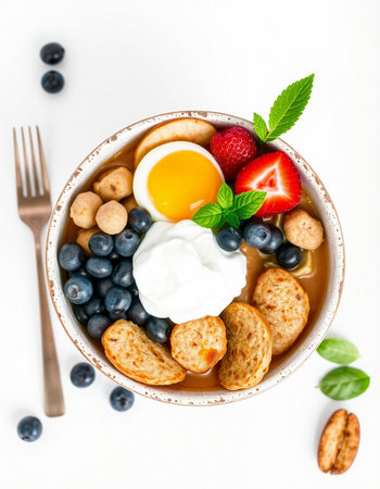Breakfast bowl with omelette, berries and sour cream on white background