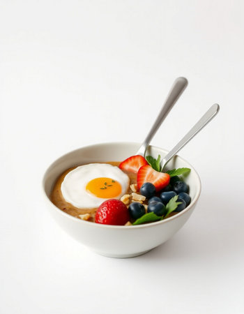 bowl of oatmeal with berries and fried egg on a white backgroundの写真素材