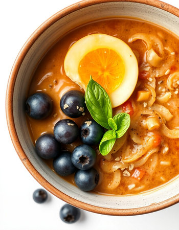 Tomato soup with blueberries and egg in bowl on white backgroundの写真素材