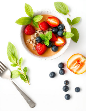 Healthy breakfast bowl with muesli and fresh berries on white backgroundの写真素材