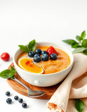 Pumpkin soup with blueberries and strawberries in a white bowlの写真素材