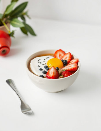 Healthy breakfast. Bowl of oatmeal with berries on white background