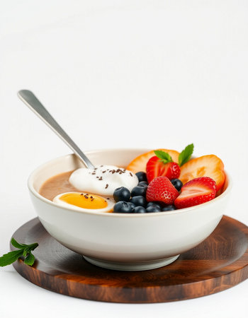 bowl of oat porridge with fresh berries on white backgroundの写真素材