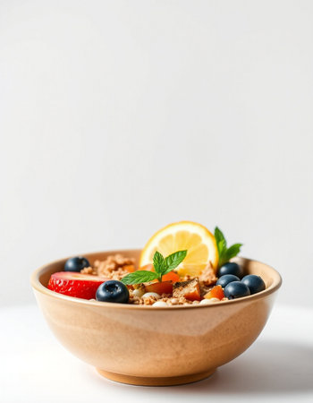 Healthy breakfast with muesli and berries in a bowl on white backgroundの写真素材