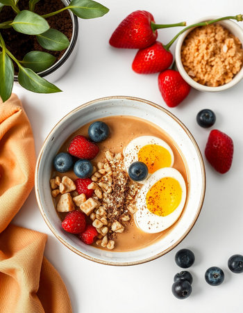 Healthy breakfast bowl with oatmeal, blueberries, strawberries and granola on white backgroundの写真素材