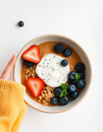 Healthy breakfast bowl with yogurt, berries and oatmeal on white backgroundの写真素材
