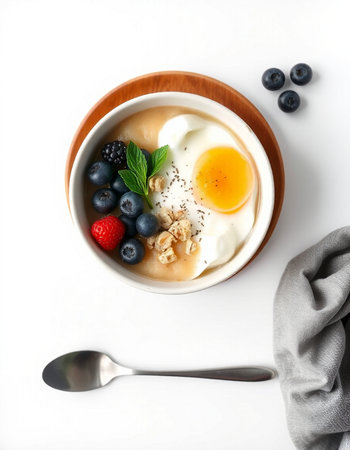 Bowl of oatmeal with berries on white background, top view