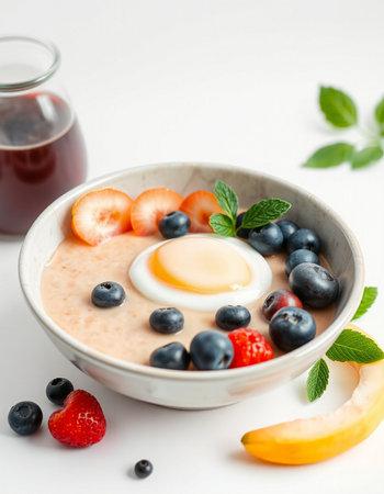 Oatmeal porridge with strawberry, blueberry and egg on white background