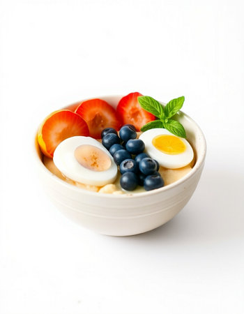 Healthy breakfast with boiled eggs and fresh berries on a white background