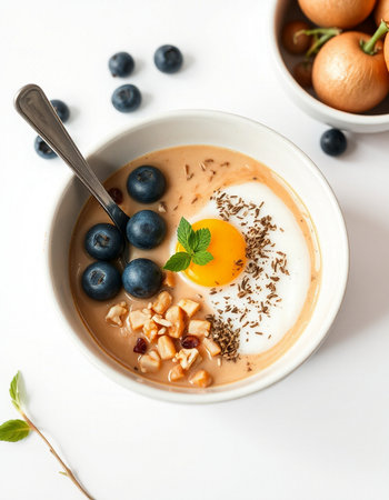 Oatmeal porridge with blueberries and nuts on a white background