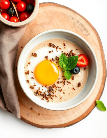 Creamy porridge with egg, berries and mint on white backgroundの写真素材