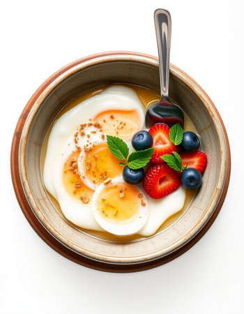 yogurt with strawberries and blueberries in a bowl isolated on white background