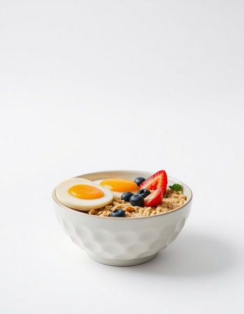 Healthy breakfast with oatmeal, blueberries and egg on white background