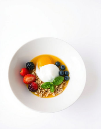 Granola with yoghurt and berries on a white backgroundの写真素材