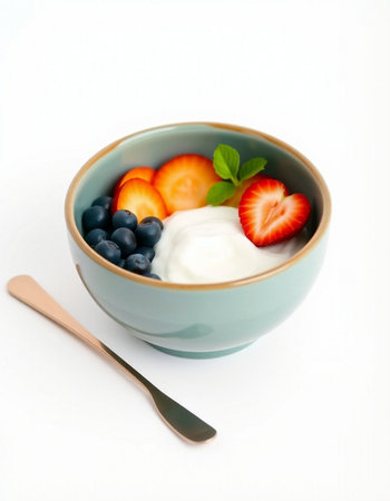 yogurt with fresh strawberries and blueberries isolated on white background