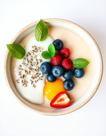 Healthy breakfast with yogurt, berries and oatmeal on white backgroundの写真素材