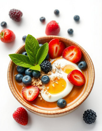 Healthy breakfast bowl with granola, yogurt and berries on white background