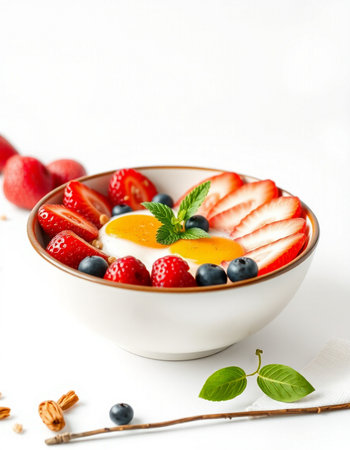 Fried eggs with fresh berries in a bowl on a white backgroundの写真素材