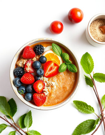 Healthy breakfast bowl with oatmeal, berries and nuts on white backgroundの写真素材