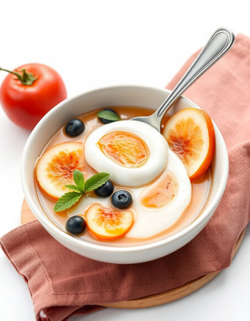 Bowl of yoghurt with berries and egg on white background
