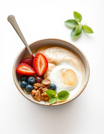 Yogurt with strawberries and blueberries on a white background.の写真素材