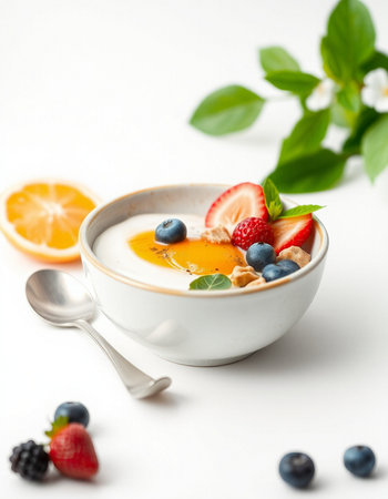 yogurt with fresh berries on a white background, selective focusの写真素材