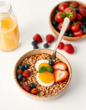 Healthy breakfast with oatmeal, berries and milk on white background
