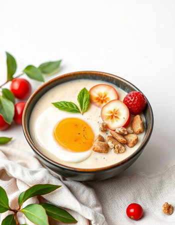 Bowl of tasty yogurt soup with egg, berries and nuts on white backgroundの写真素材