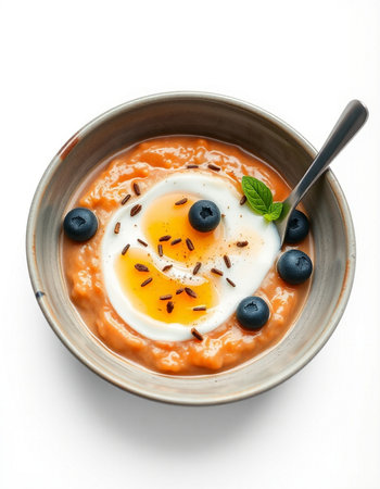Healthy breakfast bowl with omelet, blueberries and sour cream isolated on white backgroundの写真素材