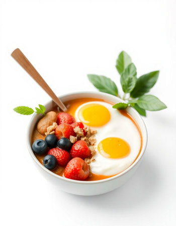 Healthy breakfast bowl with oatmeal, berries and yoghurtの写真素材