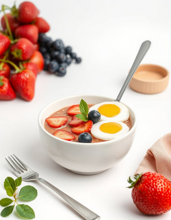 Healthy breakfast with fresh berries and egg in a bowl on white backgroundの写真素材