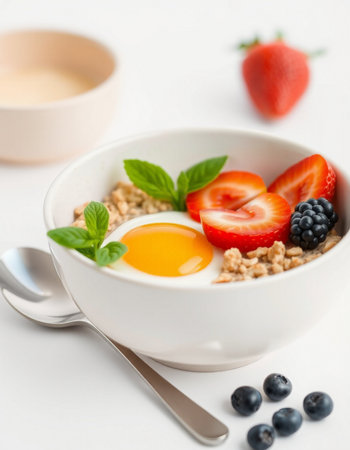 Breakfast with oatmeal, berries and egg on a white backgroundの写真素材