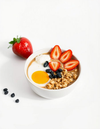 Healthy breakfast with muesli, yogurt and berries on white backgroundの写真素材