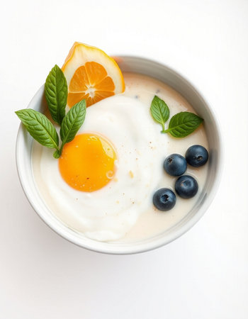 Yogurt with blueberries and orange in a bowl on white backgroundの写真素材