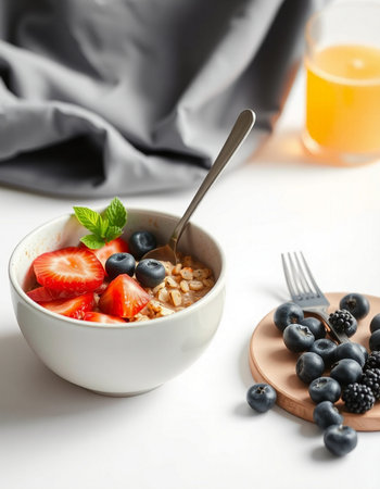 Healthy breakfast with oatmeal, berries and orange juice on white tableの写真素材