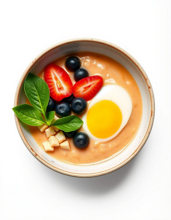 Bowl of oatmeal porridge with berries and egg on white backgroundの写真素材
