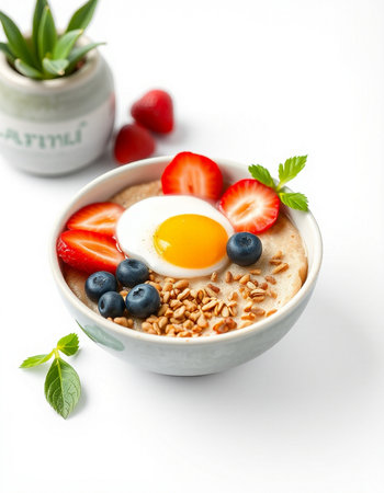 Oatmeal porridge with fresh berries and egg, healthy breakfast.