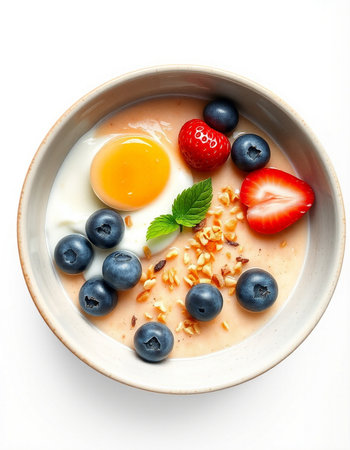 Healthy breakfast with oatmeal, berries and egg on white background