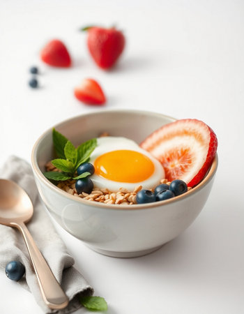 Healthy breakfast with oatmeal, berries and egg on white backgroundの写真素材