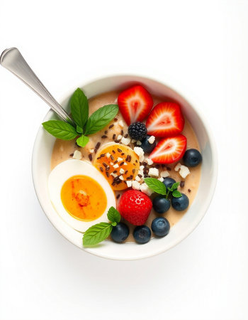 Bowl of oatmeal porridge with berries and egg, isolated on white