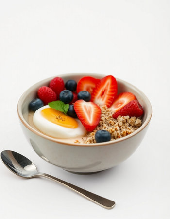 bowl of muesli with fresh berries on white backgroundの写真素材