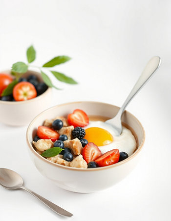 Healthy breakfast with oatmeal, berries and egg on white backgroundの写真素材