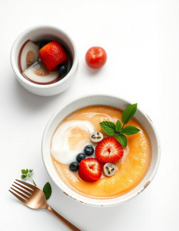 Panna cotta with fresh berries on white background, top viewの写真素材